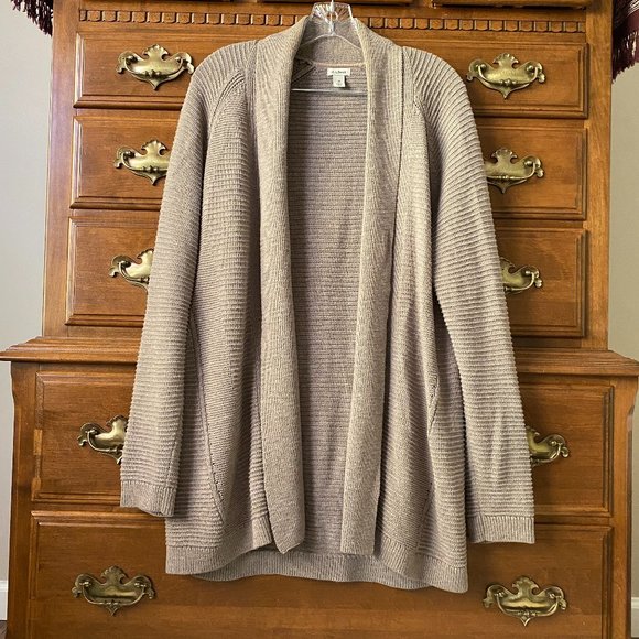 L.L. Bean Womens Knit Open Front Cardigan 100% Cotton Taupe Neutral Minimalist - Picture 2 of 9